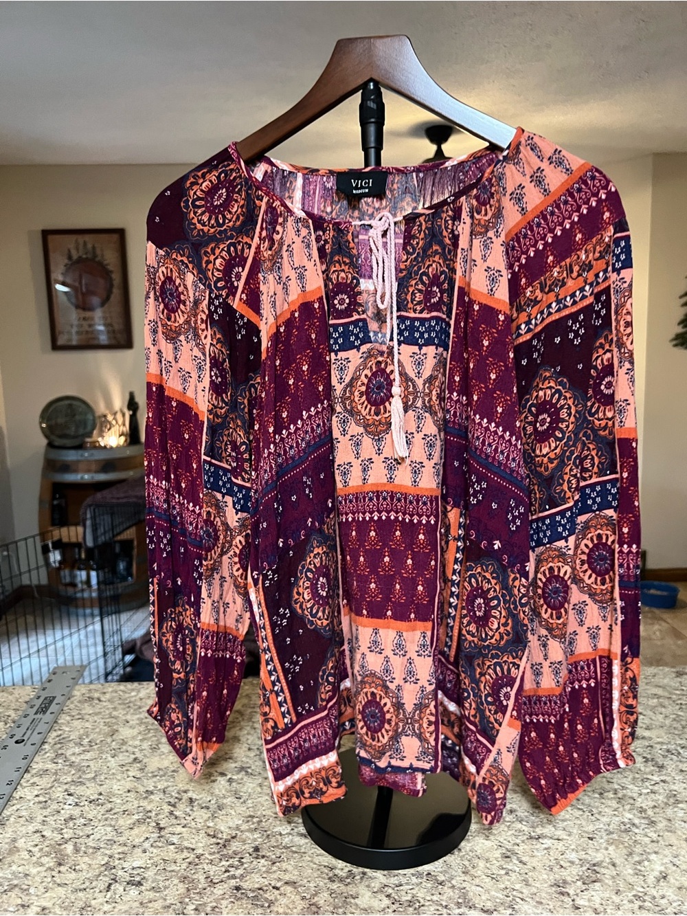 VICI Boho Patchwork Tunic coral purple tie peasant blouse M